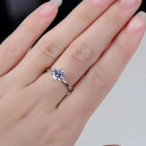 Classic S925 sterling silver solitaire ring with six-prong set round moissanite stone