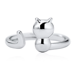Minimalist silver cat open ring with mirror-polished finish for women