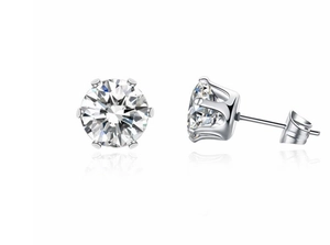 Close-up of S925 sterling silver six-prong crown stud earrings with sparkling round stones