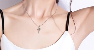 Macro detail of S925 sterling silver necklace featuring a sparkling zircon stone pendant