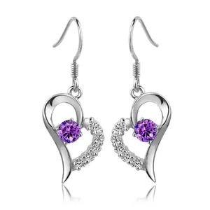 Elegant S925 sterling silver heart earrings with purple zircon and small crystals