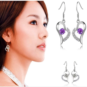 Elegant S925 sterling silver heart drop earrings with purple and clear zircon stones