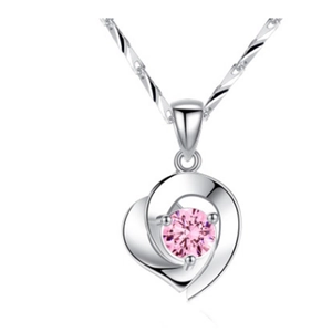 S925 sterling silver heart pendant necklace with pink zircon on a thin twist chain