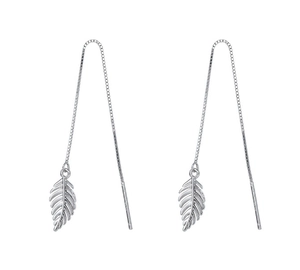 Detail of silver S925 leaf threader earrings with fine box chain and textured finish