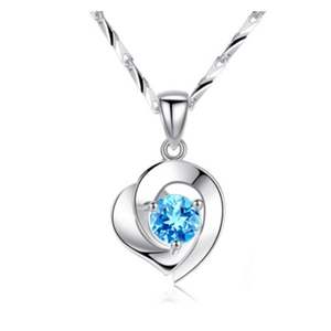 S925 sterling silver heart necklace with double layer pendant and blue zircon stone