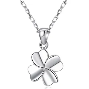 Polished S925 sterling silver four-leaf clover pendant necklace with thin water wave chain
