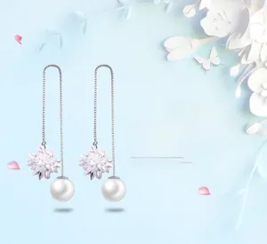 Detail of S925 silver threader earrings with crystal flower and large white pearl