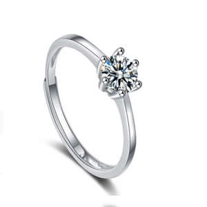 S925 Sterling Silver Six-Prong Solitaire Moissanite Ring For Women Korean Style Classic Adjustable Opening Silver Ring Elegant Jewelry Gift