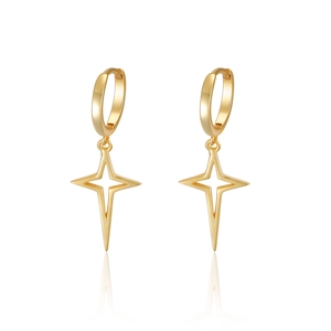 Detailed view of gold plated huggie hoop earrings with North Star pendants and reflections