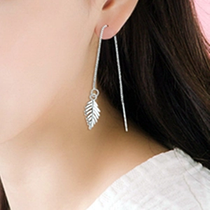 S925 silver leaf drop earrings with minimalist long chain tassel for women