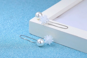 Detail of S925 silver long drop earrings with white pearl and crystal flower motifs