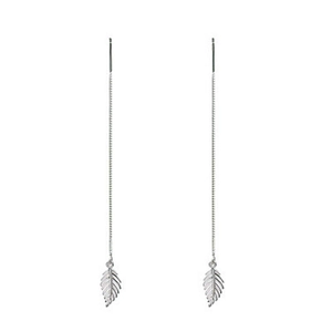 Elegant S925 silver leaf threader earrings with long tassel chain and polished finish