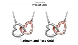 Detail of interlocking s925 silver double heart necklace in white gold and rose gold finish