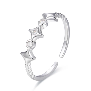 Close-up of S925 sterling silver open ring featuring irregular stars and clear zircons