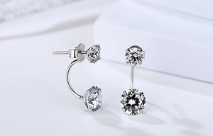 Detail of S925 sterling silver ear jacket with triple round cubic zirconia stones