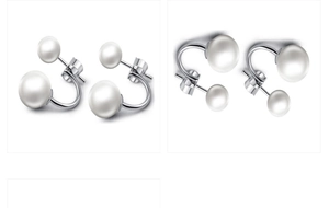 Détail macro de boucles d'oreilles double perle en argent S925 au fini brillant