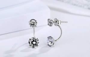 Macro shot of S925 sterling silver ear jacket earrings with sparkling zircon gemstones