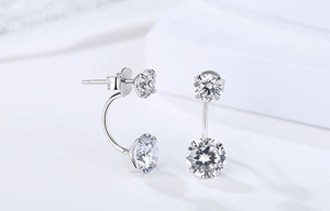 Detail view of S925 sterling silver earrings with three round cubic zirconia stones
