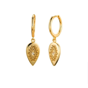 Detailed view of S925 silver gold-plated teardrop earrings with tribal engraving and zircon