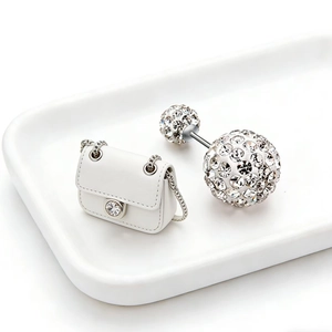 S925 sterling silver asymmetric earrings with Shamballa ball and white handbag design