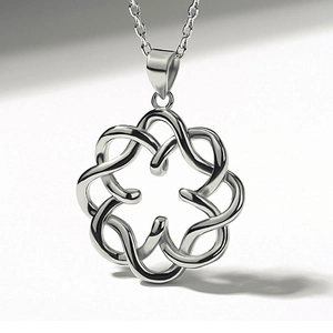 Close-up of S925 sterling silver Celtic knot flower pendant necklace on white background