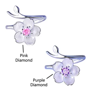 S925 sterling silver cherry blossom open rings with pink and purple cubic zirconia stones