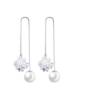 Elegant S925 sterling silver snowflake earrings with white pearls and crystals