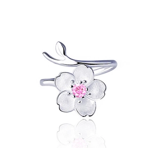 S925 Sterling Silver Cherry Blossom Open Ring For Women Adjustable Korean Style Pink Purple Rhinestone Floral Finger Ring Jewelry Gift