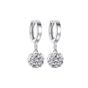 S925 sterling silver hoop earrings with shimmering crystal pavé disco ball pendants