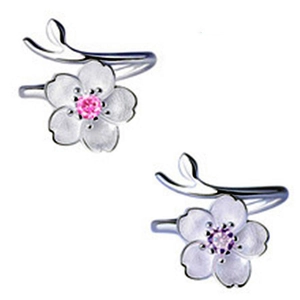 Elegant S925 sterling silver cherry blossom open rings with pink and purple crystals