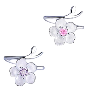 S925 sterling silver cherry blossom open ring with purple cubic zirconia crystals