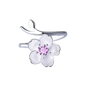 Elegant S925 sterling silver sakura ring with a purple gemstone and adjustable band