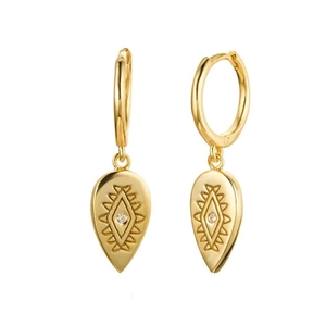S925 Sterling Silver Teardrop Earrings For Women Vintage Totem Engraved Water Drop Pendant Rhinestone Hoop Earrings French Light Luxury Jewelry