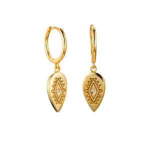 S925 sterling silver gold teardrop earrings with engraved totem and small zircon