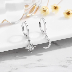 925 silver gold plated star and moon drop earrings with sparkling cubic zirconia