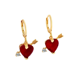 Boucles d'oreilles cœur en argent 925 avec pierre rouge et flèche ornée de diamants