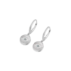 S925 Sterling Silver Evil Eye Earrings with round zircon stone in white gold finish
