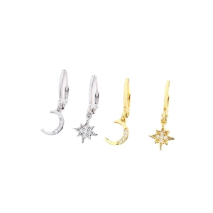 925 sterling silver moon and star hoop earrings with cubic zirconia in gold and silver