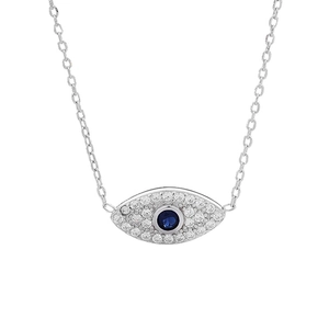 Close-up of S925 sterling silver evil eye necklace with blue stone and pavé zircon
