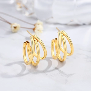 Elegant gold plated S925 sterling silver triple layer C-shaped hoop earrings for women