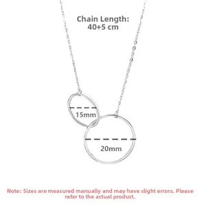 Détail du collier S925 en argent à deux anneaux entrelacés avec dimensions indiquées