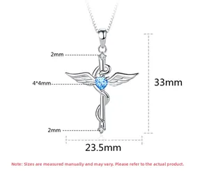 Dimensiones detalladas del collar cruz de ángel de plata 925 con piedra de corazón azul
