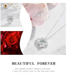 Macro shot of 925 sterling silver Mobius necklace with a crystal heart and red rose