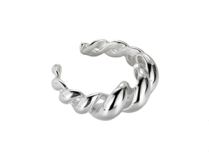 Detail of twisted silver ear cuff earring showing a minimalist helix rope texture design