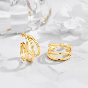 Elegant geometric triple layer gold plated S925 sterling silver hoop earrings for women