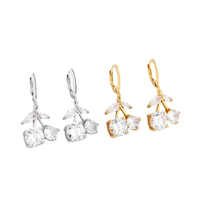 Sweet sparkling cherry drop earrings with crystal stones in gold and silver finish