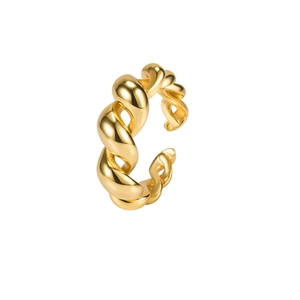 Close-up of polished gold twisted ring featuring a minimalist hollow croissant design