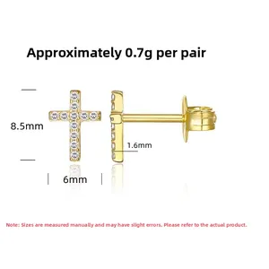 Detailed size view of gold S925 sterling silver cross stud earrings with cubic zirconia