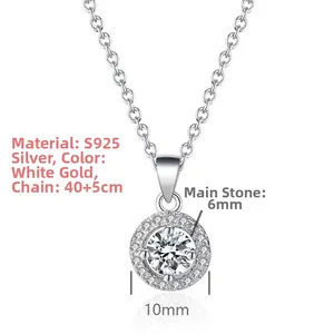 Makroaufnahme der S925 Silberkette mit 6mm Zirkon und 10mm runder Halo-Anhänger