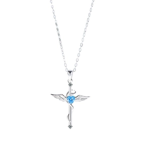 Collar de cruz con alas de ángel en plata 925 y una gema de corazón azul